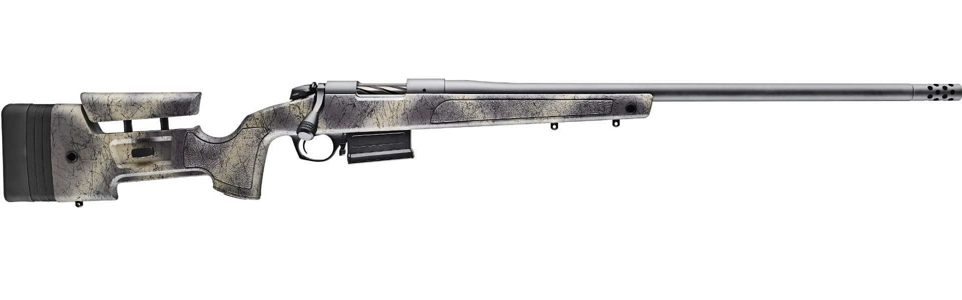 Bergara B-14 HMR Wilderness 25 Creedmoor bolt action rifle with gray stock and muzzle brake