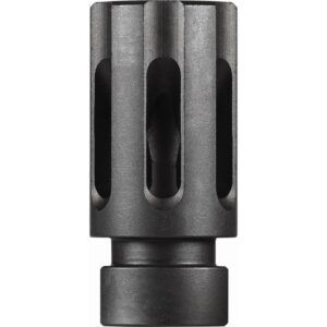 Black Daniel Defense Flash Suppressor Assembly with vented A2 style design and 1/2x28 threads