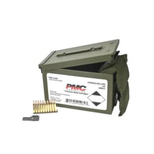 PMC 5.56 NATO 55gr FMJ ammo in two M2A1 metal cans with stripper clips and bandoleers