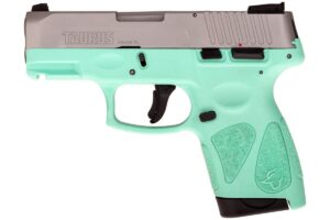 Taurus G2S 9mm pistol with matte stainless slide and cyan polymer grip frame