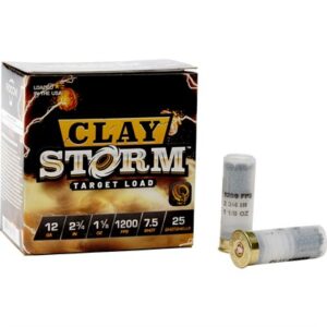 Box of Fiocchi Clay Storm 12 gauge 2-3/4 inch #7.5 shot shotgun shells, 25 rounds