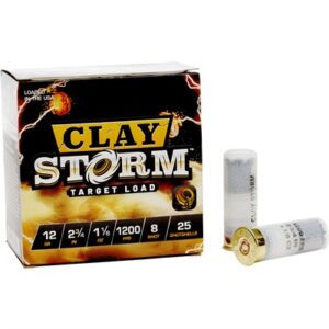 Box of Fiocchi Clay Storm 12 gauge shotgun shells, 2-3/4 inch, 1-1/8oz #8 shot, 25 rounds