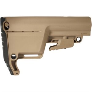 MFT Battlelink Utility Low Profile Stock in Scorched Dark Earth showing rear storage compartment and angled buttpad