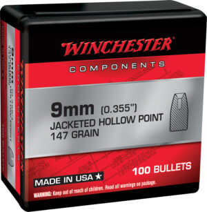 Winchester WB9JHP147X 9mm 147gr jacketed hollow point reloading bullets in a 100-count box