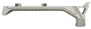 Silver anodized aluminum Q-Sert 2-slot hand stop with machined ridges and low profile design