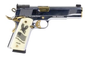Girsan MC1911 USA 250th Anniversary 45 ACP pistol in polished chrome with gold accents and eagle flag grips