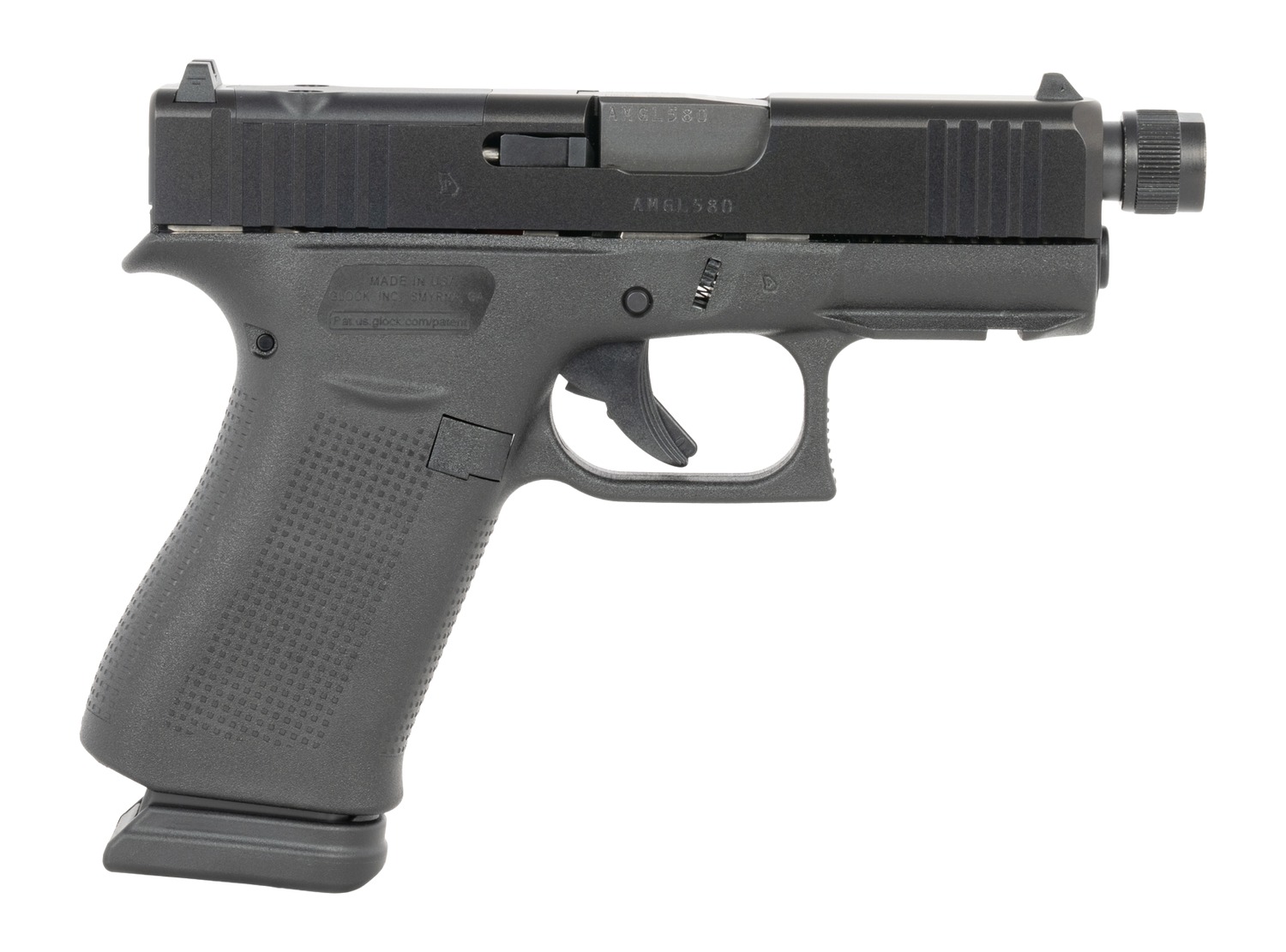 Black Glock 43X MOS 9mm pistol with threaded barrel and optic ready serrated slide