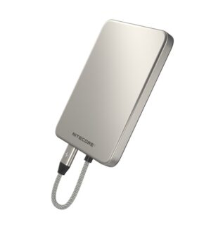 White Nitecore Pocket 5 slim magnetic power bank with built-in USB-C cable and LED indicators