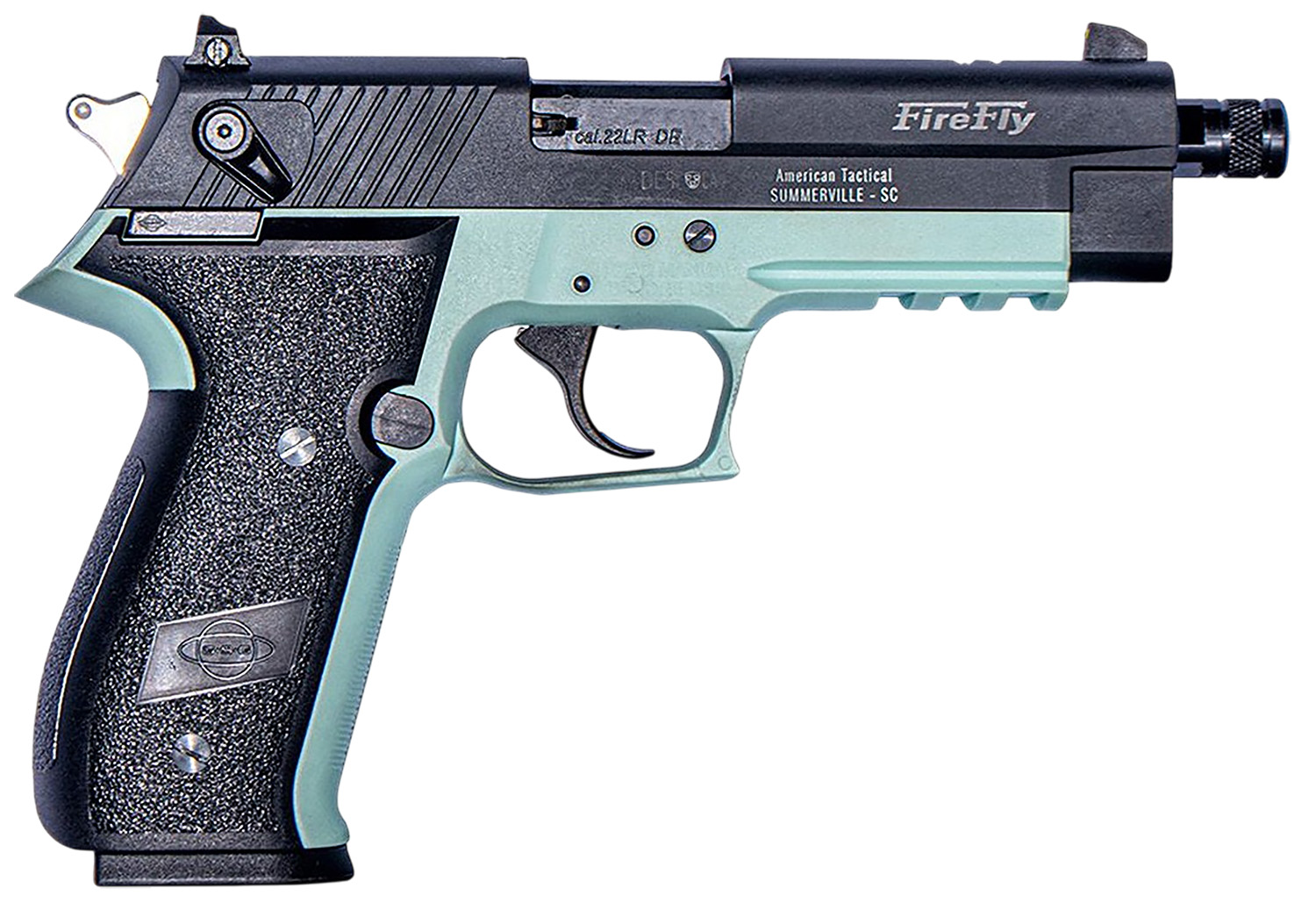 GSG Firefly 22LR pistol with mint green frame and black threaded barrel