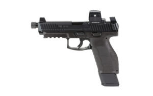 HK VP9A1 F Tactical 9mm pistol in black with threaded barrel and Vortex red dot