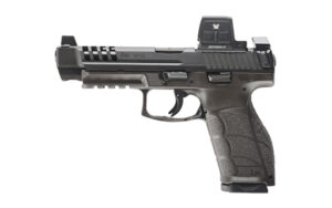 Black HK VP9A1 L 9mm long slide pistol with mounted Vortex Defender-ST red dot