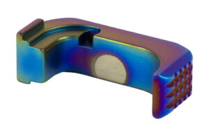 Shield Arms Premium S15 steel mag catch for Glock 43X/48 in peacock rainbow anodized finish, right hand