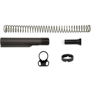 Black TacFire H2 AR-10 buffer tube kit showing six-position tube, buffer, spring, end plate and castle nut