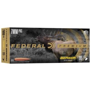 Box of Federal Berger Elite Hunter 7mm PRC 195gr HPBT rifle ammunition with cartridges
