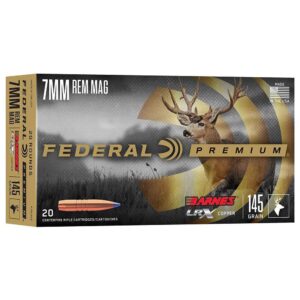 Box of Federal Barnes LRX 7mm Rem Mag 145gr rifle ammunition showing copper polymer tip bullets
