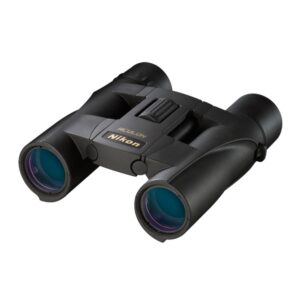 Nikon Aculon A30 10x25 black compact roof prism binoculars with neck strap and case