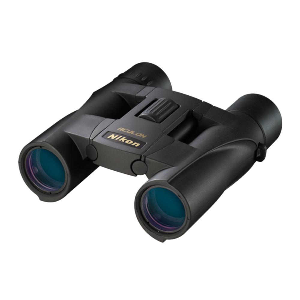 Nikon Aculon A30 10x25 black compact roof prism binoculars with neck strap and case