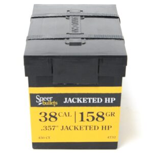 Speer 158 gr JHP Uni-Cor .357 caliber reloading bullets in a 450-count value pack container
