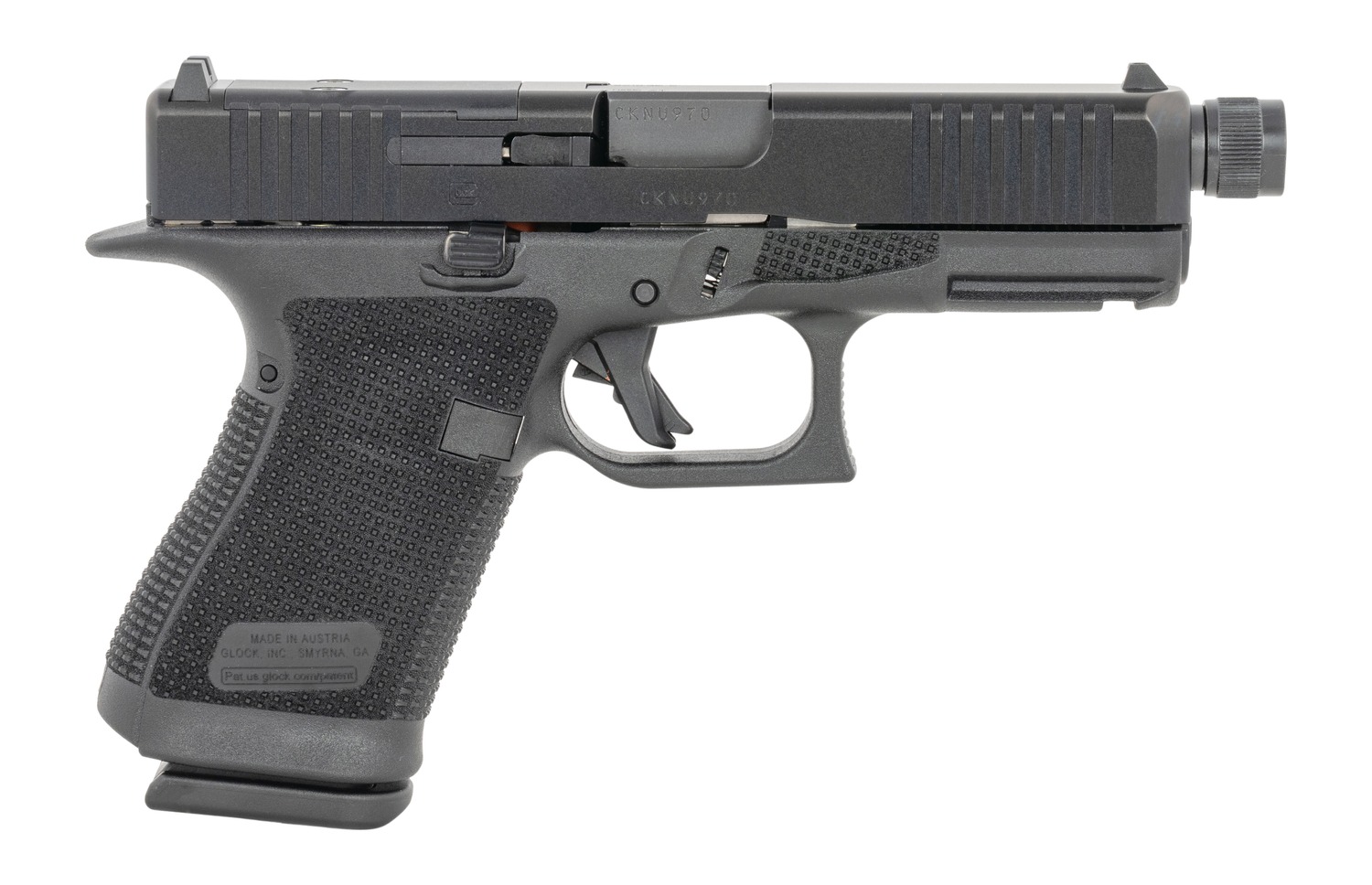 Glock 19 Gen6 9mm pistol with threaded barrel and optic ready serrated slide