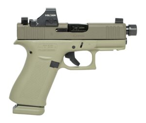 Glock 43X 9mm slimline pistol with custom Cerakote finish and serrated steel slide