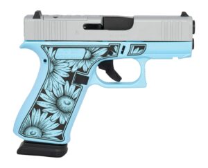 Glock 43X Turquoise Flowers 9mm pistol with silver slide and floral engraved turquoise frame