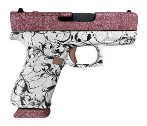 Glock G43X 9mm pistol with rose gold Cerakote slide and black polymer frame