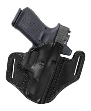 Galco Combat Master 2.0 black steerhide OWB pancake holster for Glock 43 with red dot cutout