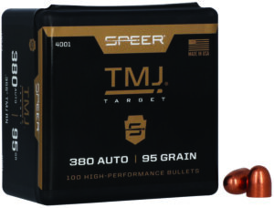 Box of Speer 4001 TMJ 95 grain .355 inch total metal jacket reloading bullets, 100 count