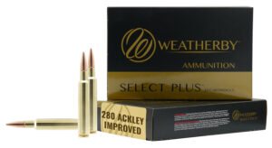 Weatherby 280 Ackley Improved 150gr Sierra Tipped GameKing ammunition box with green polymer tip cartridge