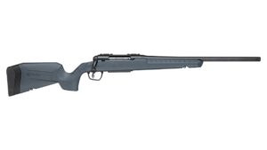 Savage Axis 2 bolt action rifle in 22-250 with gray synthetic stock and threaded barrel