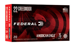 Federal American Eagle .22 Creedmoor 75gr TMJ ammunition box with 20 brass cartridges