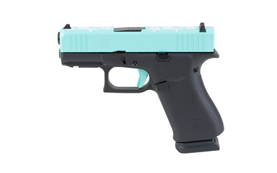 Glock 43X 9mm pistol with mint cyan Cerakote frame and black slide