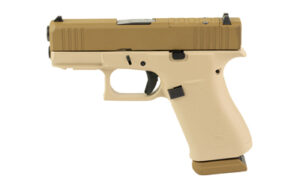 Glock 43X 9mm pistol with two tone tan Cerakote slide and frame