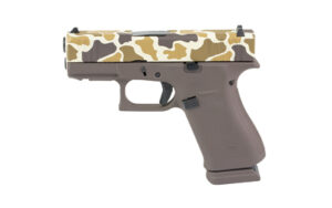 Glock 43X MOS 9mm pistol in tan, green, and brown duck camo Cerakote
