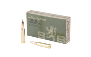 Box of Sellier & Bellot 7.5x55 Swiss 174gr FMJ ammunition with brass-cased rifle cartridges