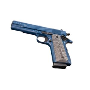 Chiappa 1911 250th Anniversary pistol in Blue Navy Cerakote with laser-etched stars and stripes