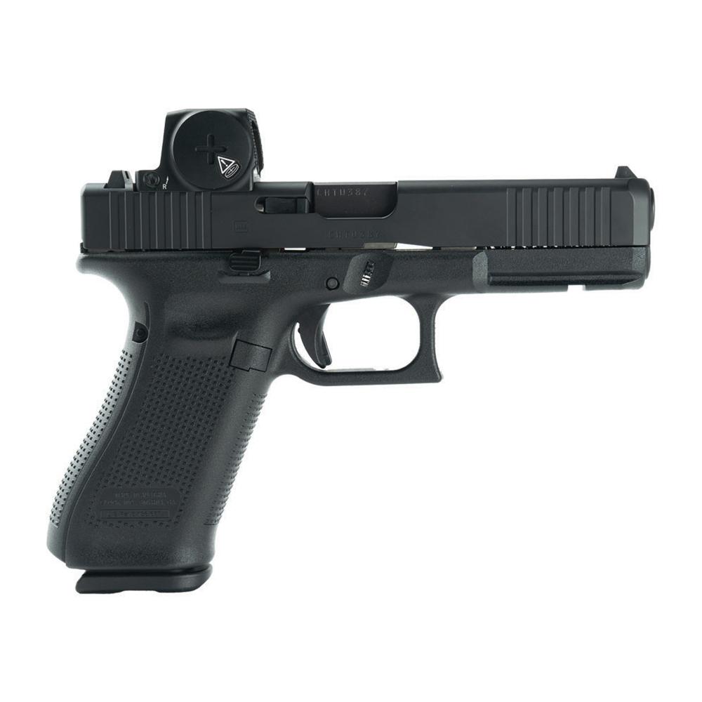 Glock 17 V-Series 9mm pistol with black Cerakote slide and Vortex Defender red dot