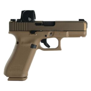 Glock 19 V-Series 9mm pistol in FDE with mounted Vortex Defender red dot