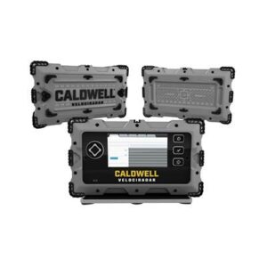 Caldwell VelociRadar Chronograph with green rubber-armored housing, color screen, and tripod
