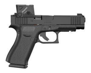 Glock 48 MOS 9mm pistol with factory Aimpoint COA red dot on black A-Cut slide