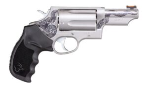 Taurus Judge Snake stainless 45 Colt/410 revolver with snake engraving, 3-inch barrel, fiber optic front sight, rubber grip
