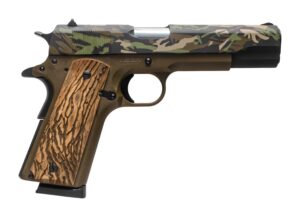 Tisas 1911 A1 Service Backwoods .45 ACP pistol with custom Cerakote theme, serrated slide and beavertail