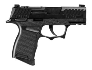 Shark Coast Tactical P365 9mm pistol with black Cerakote serrated slide and metal Sharktooth grip
