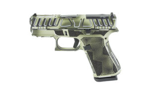Glock 43X MOS 9mm pistol with Anime Olive Drab Green Cerakote finish and ported barrel