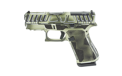 Glock 43X MOS 9mm pistol with Anime Olive Drab Green Cerakote finish and ported barrel