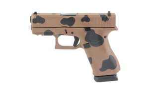 GLOCK 43X Rail 9mm pistol with brown and black Mystery Doo Skydas Cerakote finish