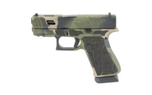 Glock 43X 9mm pistol with M81 Torn woodland camo Cerakote finish and fixed sights