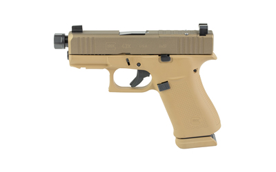 Glock 43X Debo two-tone Flat Dark Earth 9mm pistol with threaded barrel and optics-ready slide