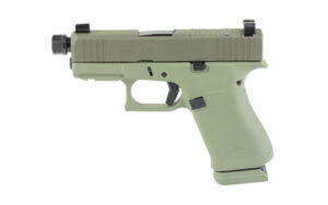 Glock 43X Debo Green 9mm pistol with two-tone green Cerakote, threaded barrel and suppressor sights