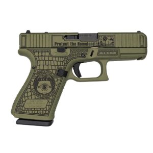 Glock 19 V-Series Alligator Alcatraz pistol with ODG Cerakote finish, engraved slide, and RMR optic cut